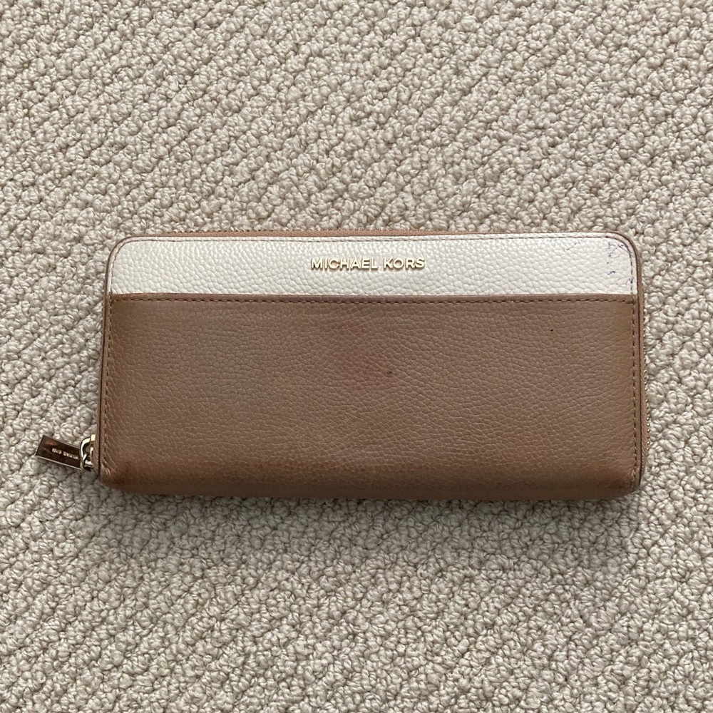 Michael Kors Brown and Cream Zip-Around Leather Wallet